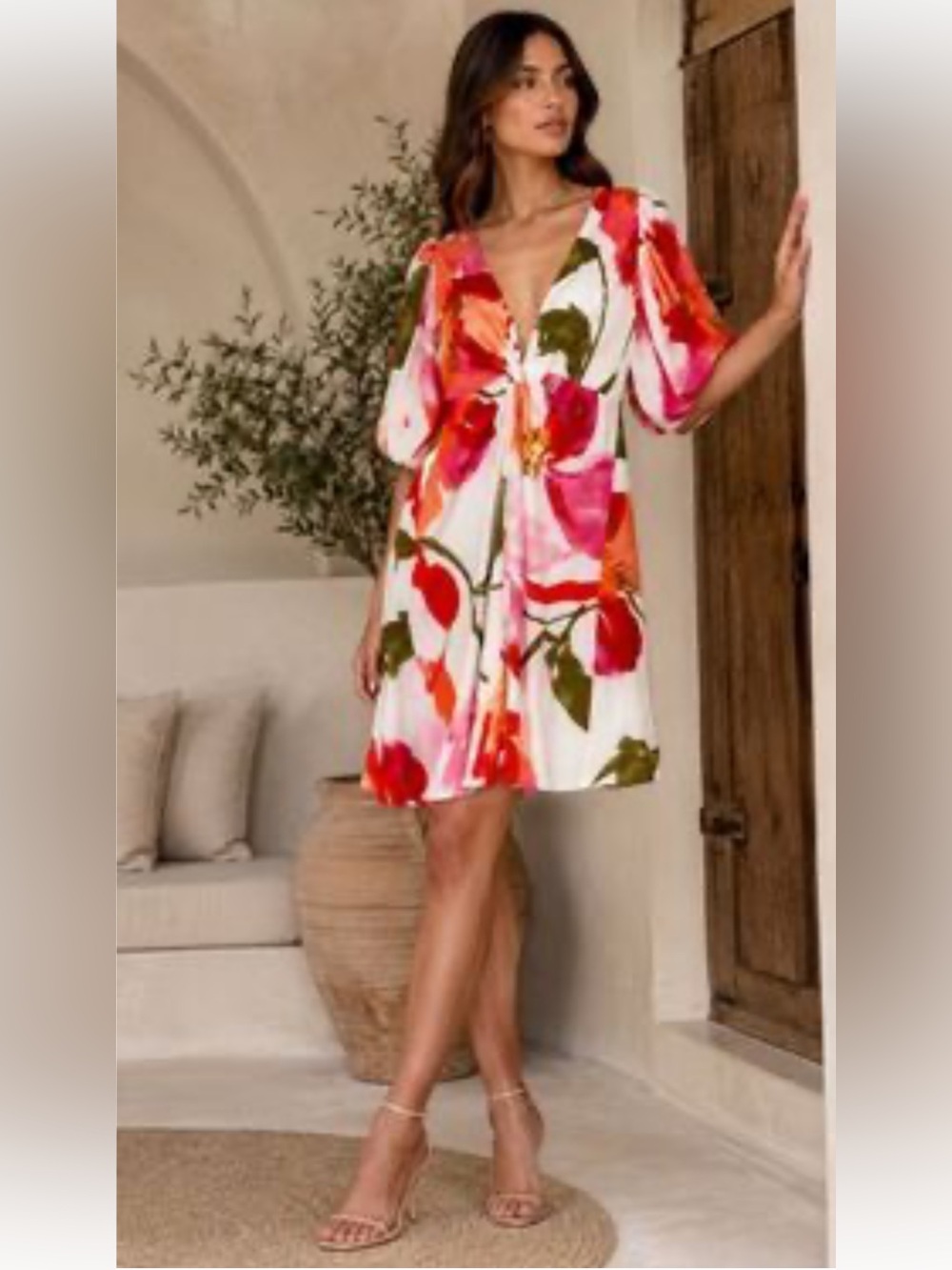 white closet rayon linen blend floral with puff sleeves dress. S